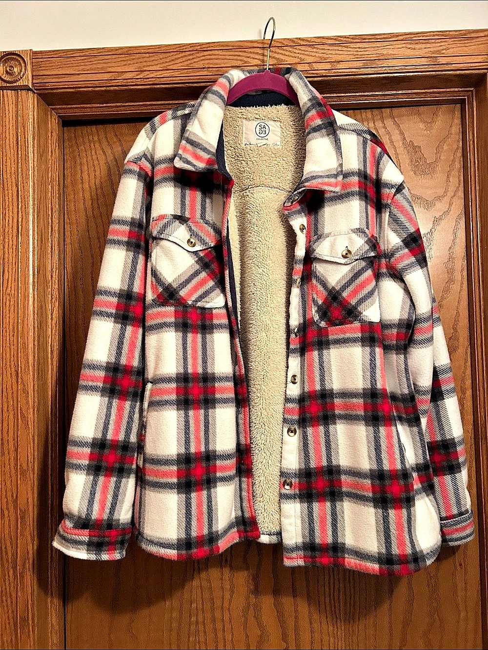SAGE Collective Sherpa Lined Flannel Jacket Plaid Sherpa in white,red,blue, grey